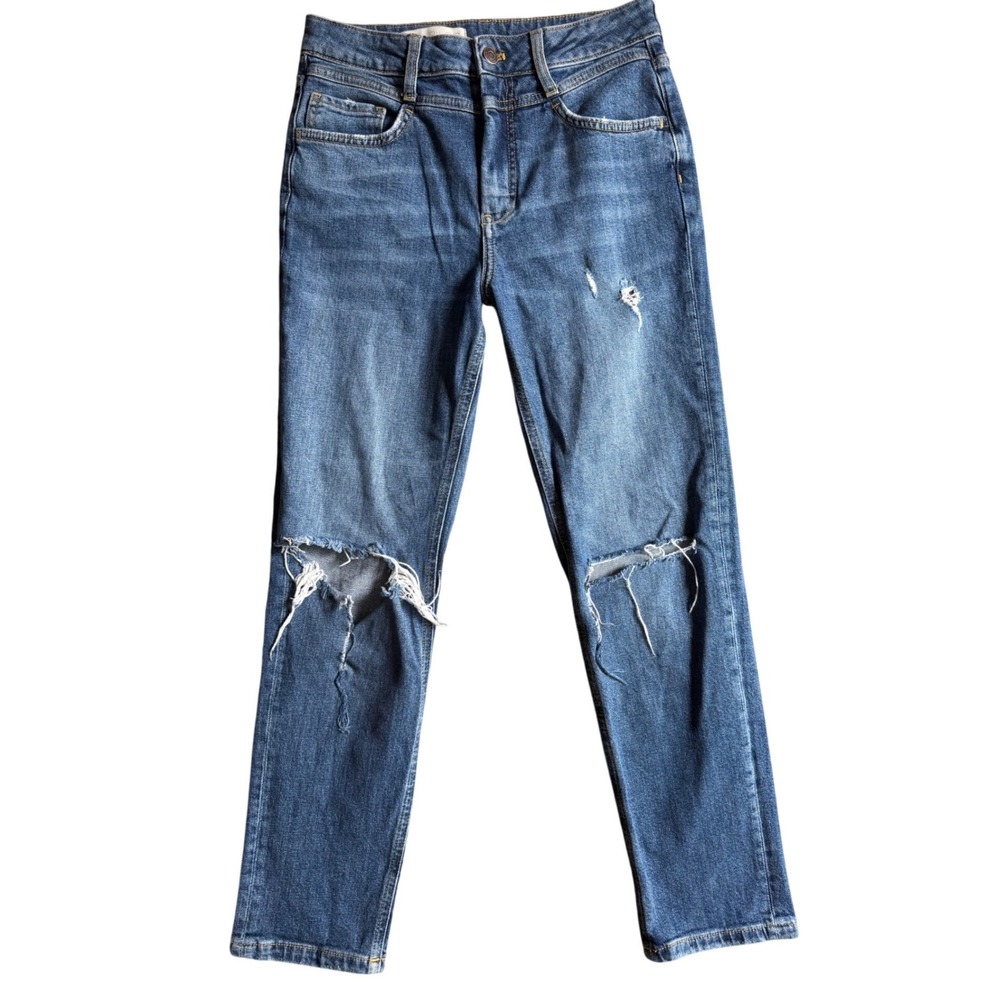 Anthropologie Pilcro Distressed High Rise Straight Leg Blue Jeans Womens Size 27